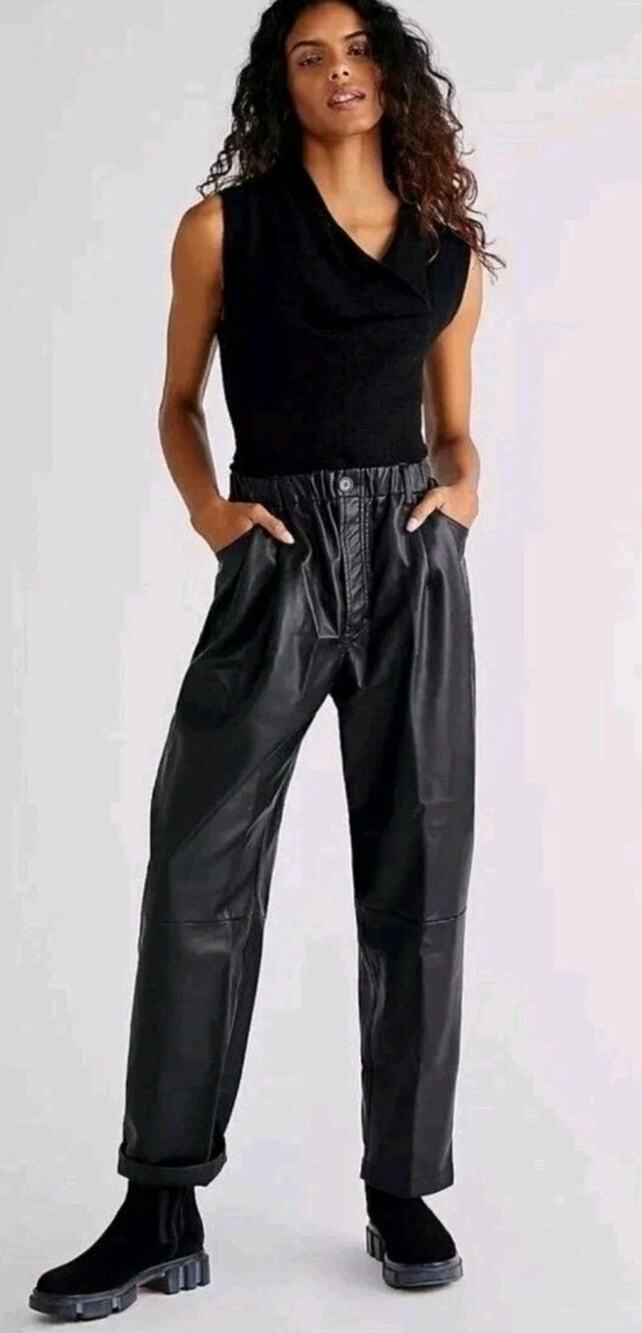 FREE PEOPLE CAMILLE SOLID VEGAN LEATHER PANTS IN BLACK SIZE S